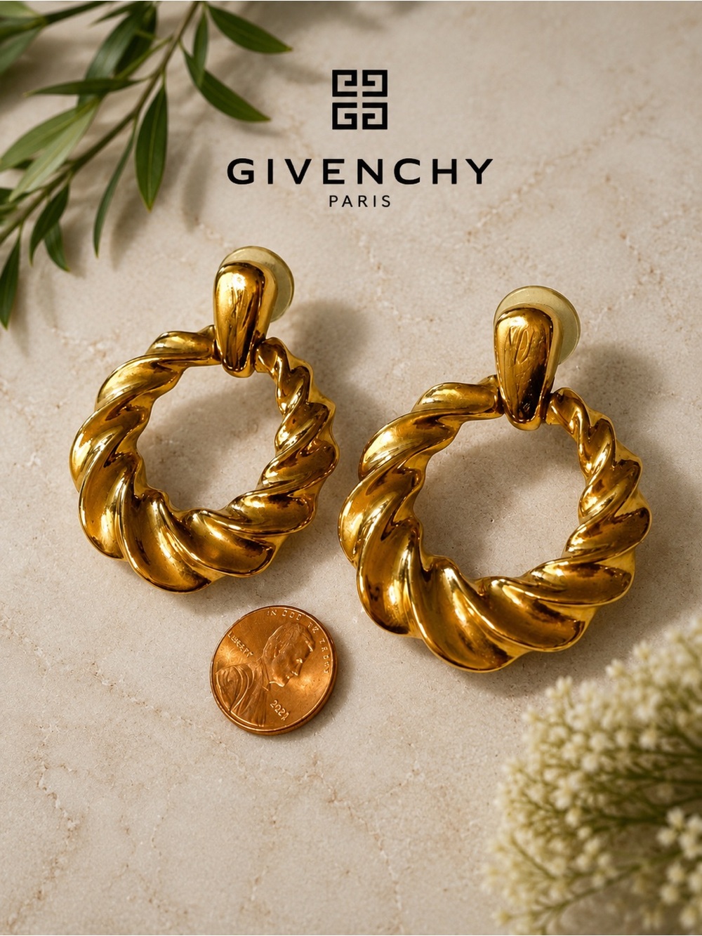 Vintage Givenchy Chunky Gold Door Knocker Earrings Signed 80s